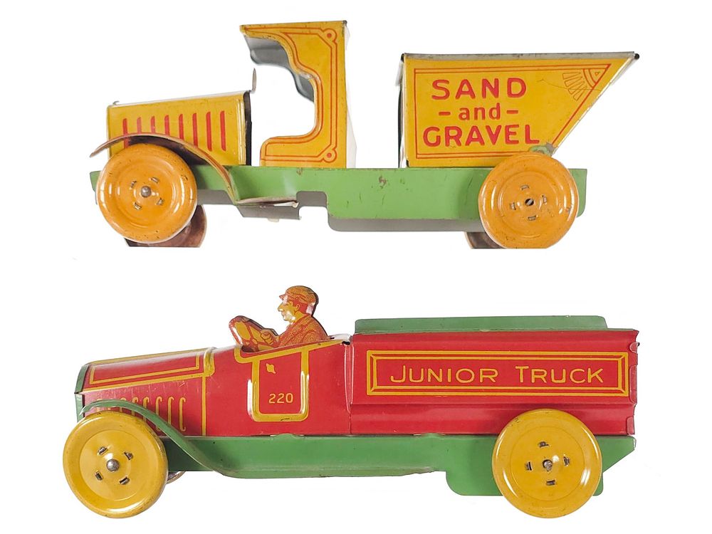 Lot 348: (2) J. Chein Tin Litho Sand-and-Gravel & No. 220 Junior Trucks
