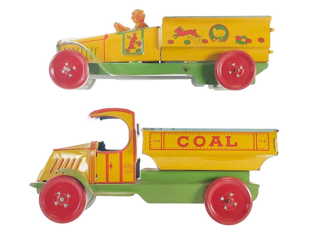 Lot 353: (2) J. Chein Tin Litho Coal Dump Truck & Easter Truck