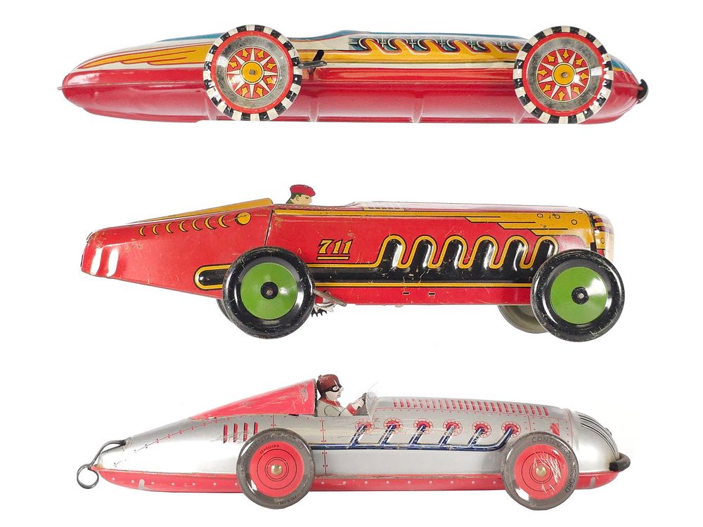 Lot 357: (3) Marx & Schylling Racers Tin Litho Race Cars