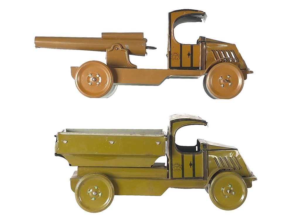 Lot 375: (2) J. Chein Tin Litho Military Mack Trucks