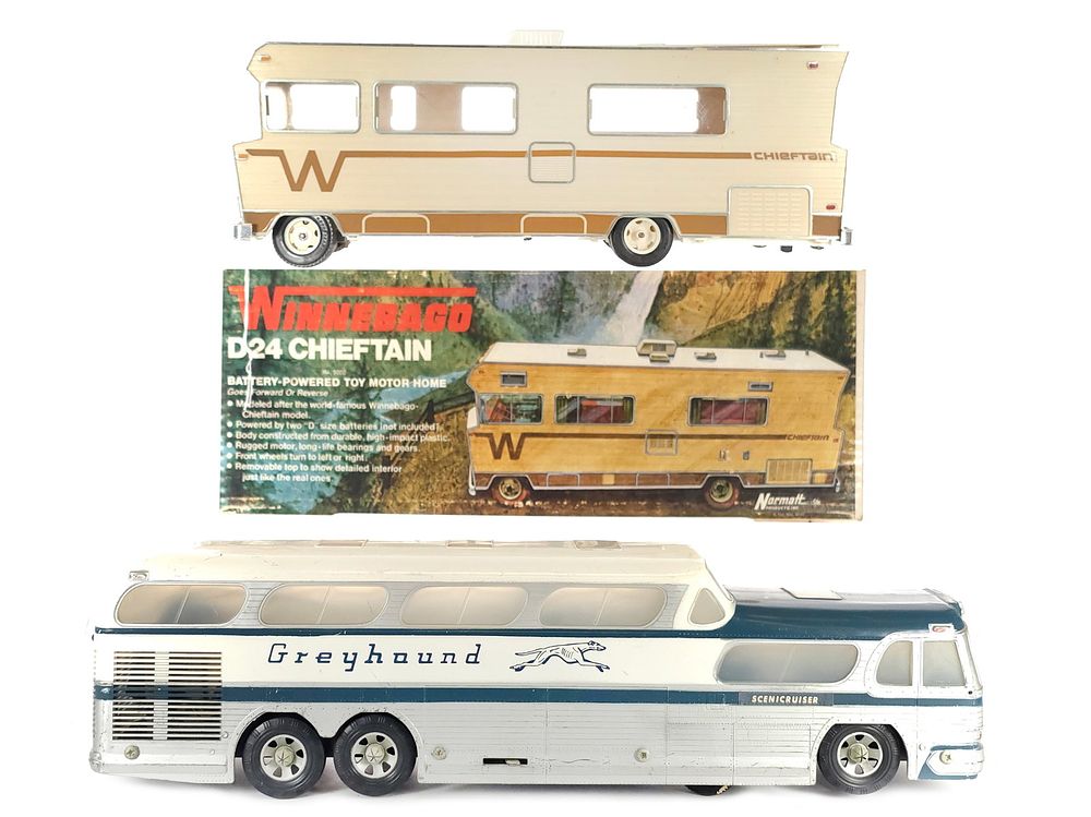 Lot 384: (2) Greyhound Bus & Winnebago Chieftain Normatt Boxed Battery Ops.