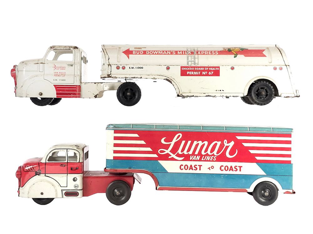 Lot 387: (2) Marx Lumar Coast to Coast Express & Bowman's Milk Express Trucks