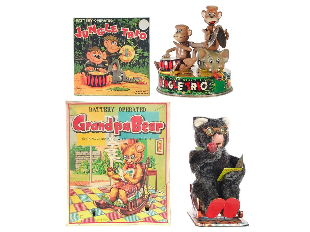 Lot 392: (2) Linemar Jungle Trio & Alps Grandpa Bear Battery Ops. w/Boxes