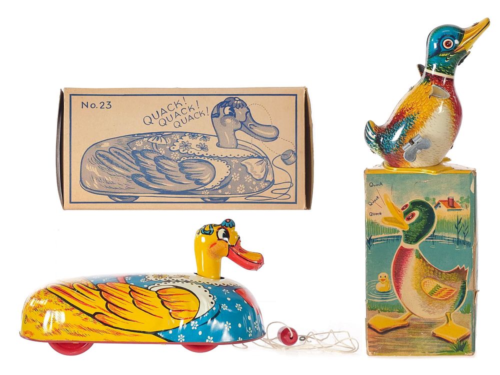 Lot 396: (2) T. Cohn Tin Duck Pull Toy & Mechanical Quacking Duck Boxed