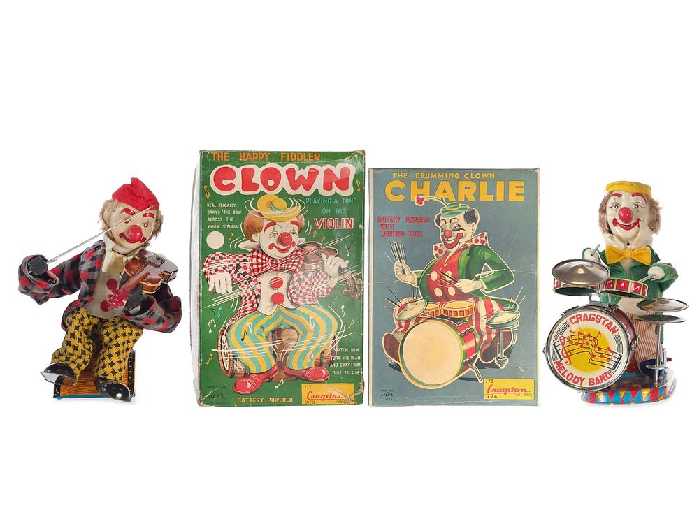 Lot 402: (2) Cragstan x Alps Batt. Op. Musical Clowns: Violin & Drummer Boxed