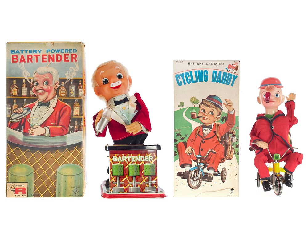 Lot 410: (2) Bandai Cycling Daddy & Rosko Bartender Batt. Op. Tin Boxed