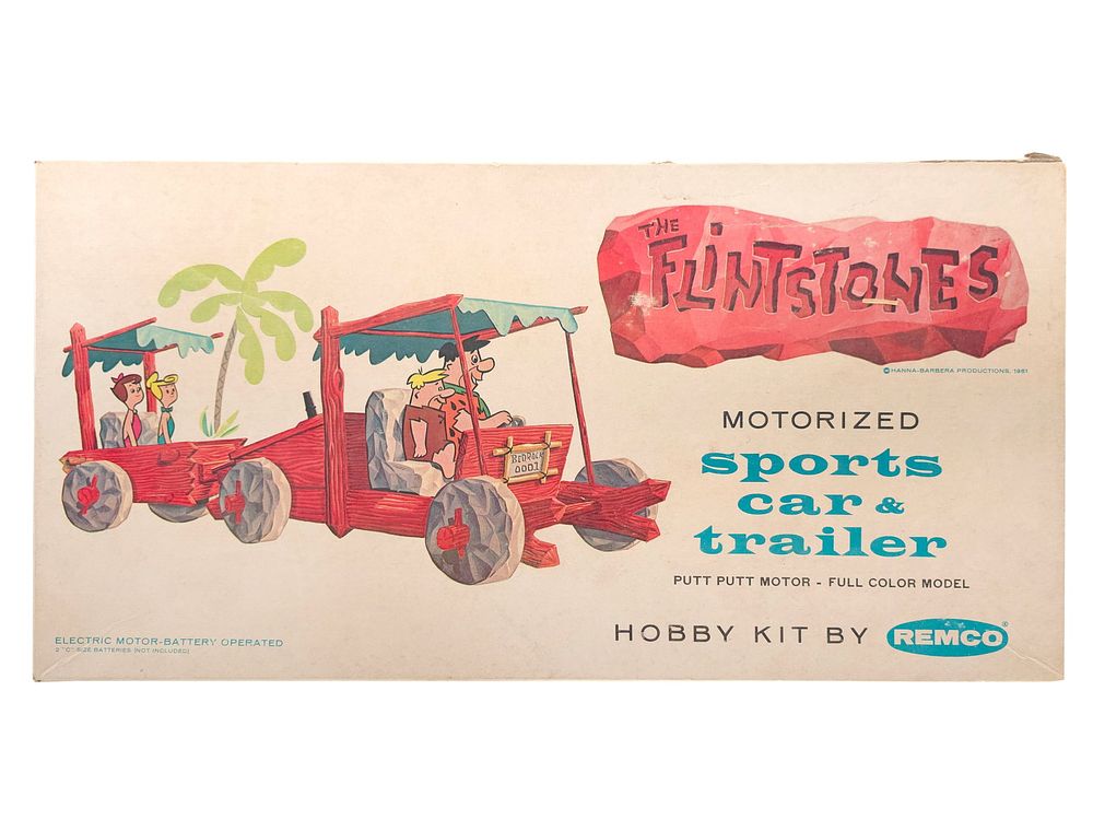 Lot 413: 1961 Batt. Op. Remco Flintstones Motorized Sports Car & Trailer Boxed