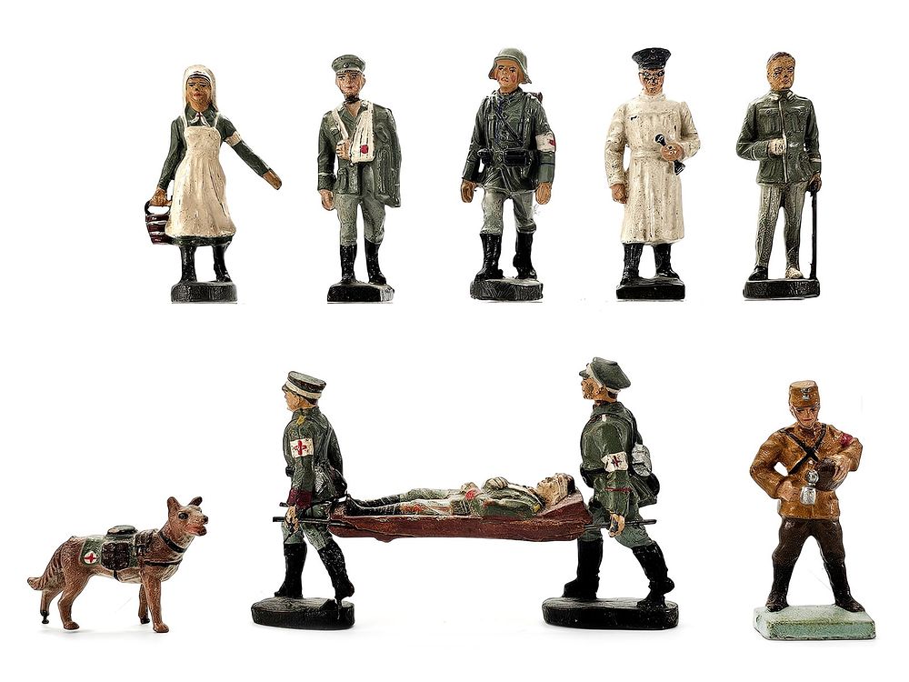 Lot 155: (10) Elastolin/Lineol German Red Cross Personnel & Stretcher Set