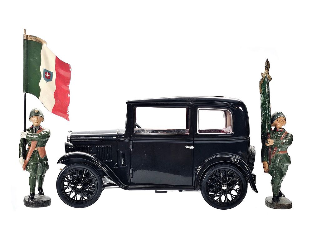 Lot 156: (3) Elastolin Italian Standard Bearers with Austin Seven Model Car