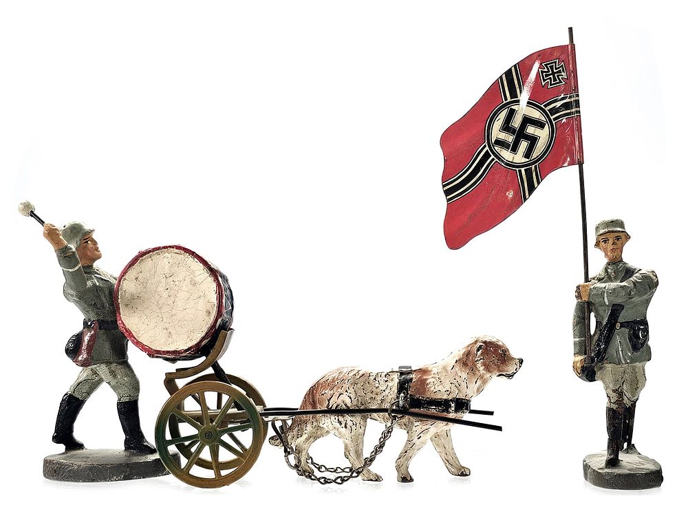 Lot 176: (3) Elastolin Heer Infantry Flag Bearer & Dog-Drawn Bass Drum Cart Set