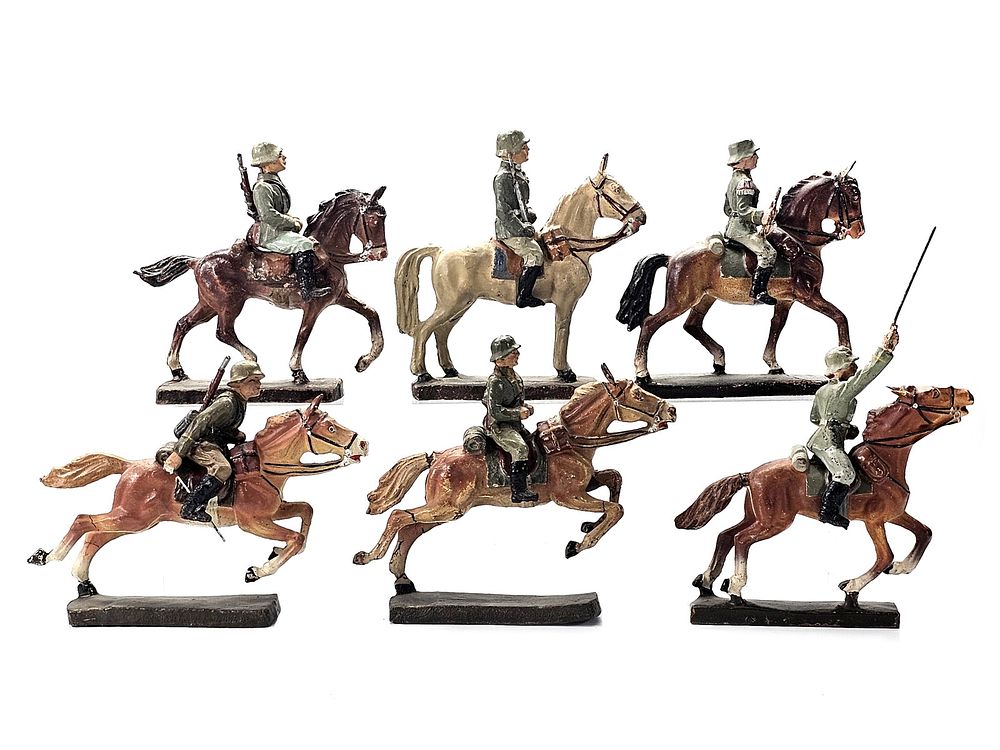 Lot 184: (6) Lineol/Elastolin German Cavalry Combat & Officer Figures