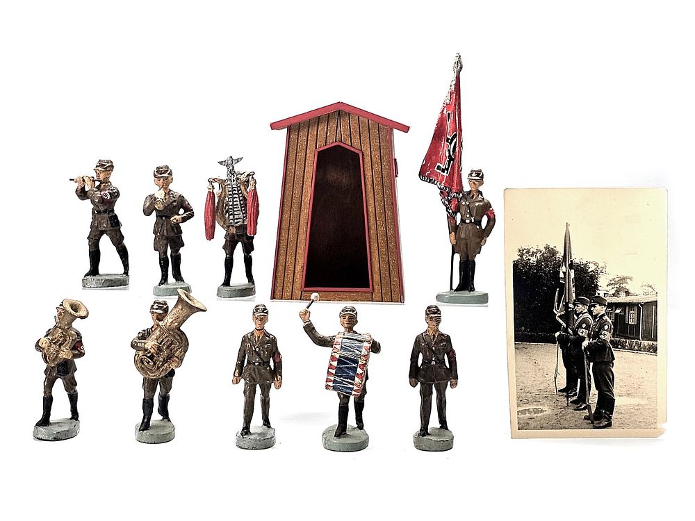 Lot 240: (9) Elastolin German SA Military Band, Sentry Box & Period Postcard