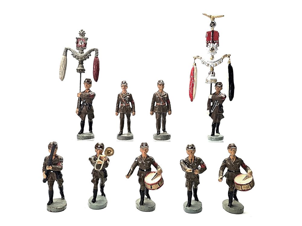 Lot 241: (9) Elastolin German SA Military Band & Dual Schellenbaum Bearers