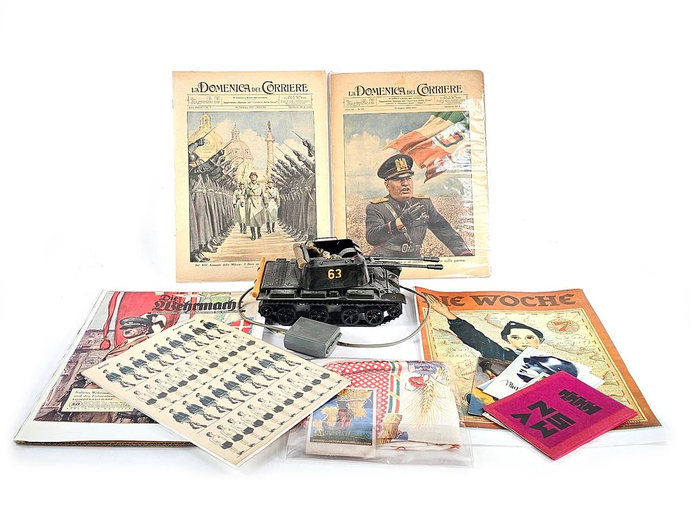 Lot 282: (12) Lineol Italian Fascist Period Ephemera, Remote Control Tank & Souvenir Scarf