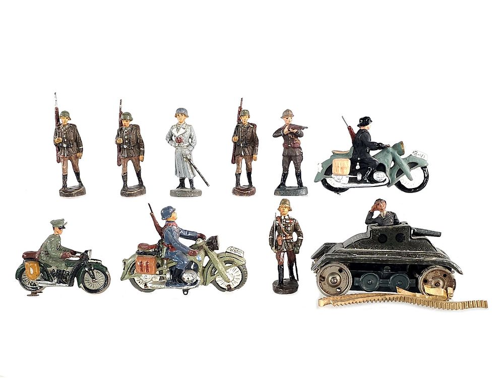 Lot 324: (10) Gama Panzer Tank with Elastolin BMW Motorcycle & Figures
