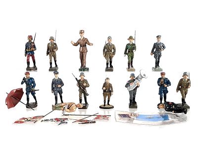 (15) Elastolin/Lineol WWII Soldiers w/Flags & More. Fifteen Elastolin and Lineol WWII-era 