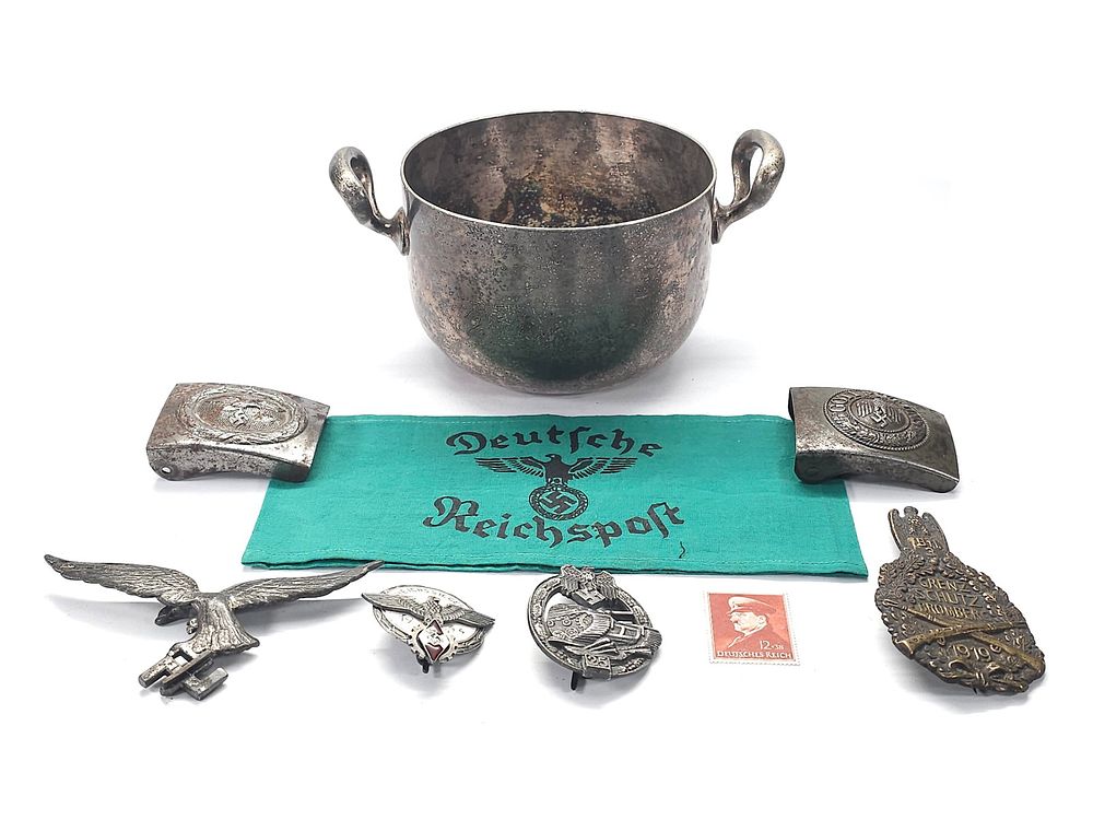Lot 327: (7) German WWII Military Field Gear, Insignia & Hepp Silverware Bowl