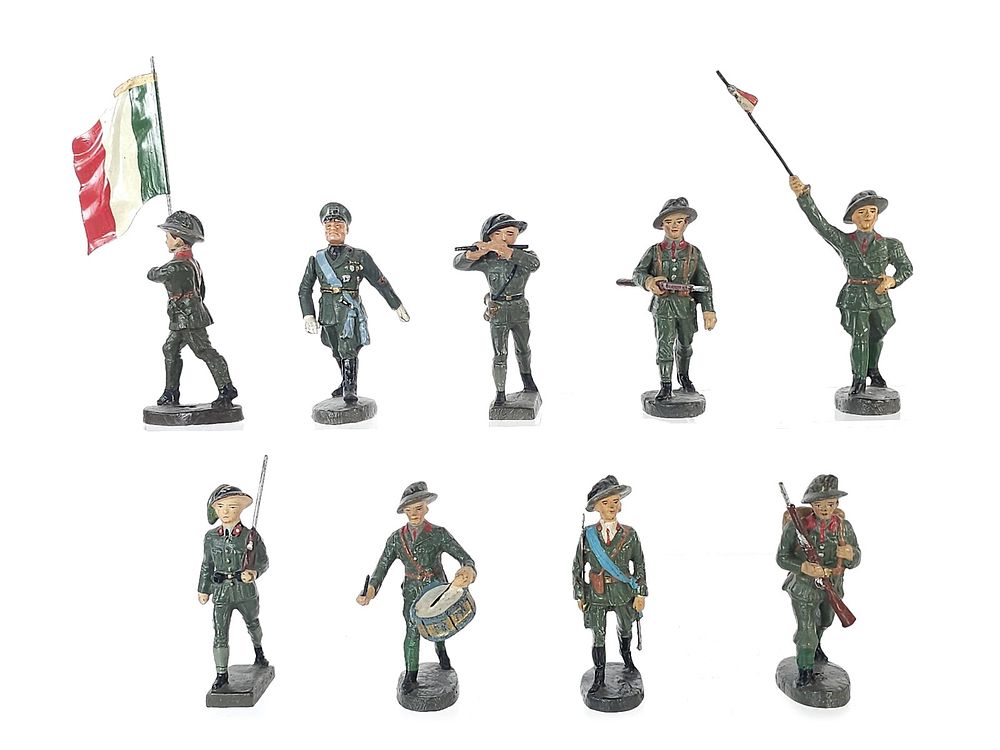 Lot 342: (9) Elastolin/Lineol Italian Royal Army Infantry, Band & Mussolini