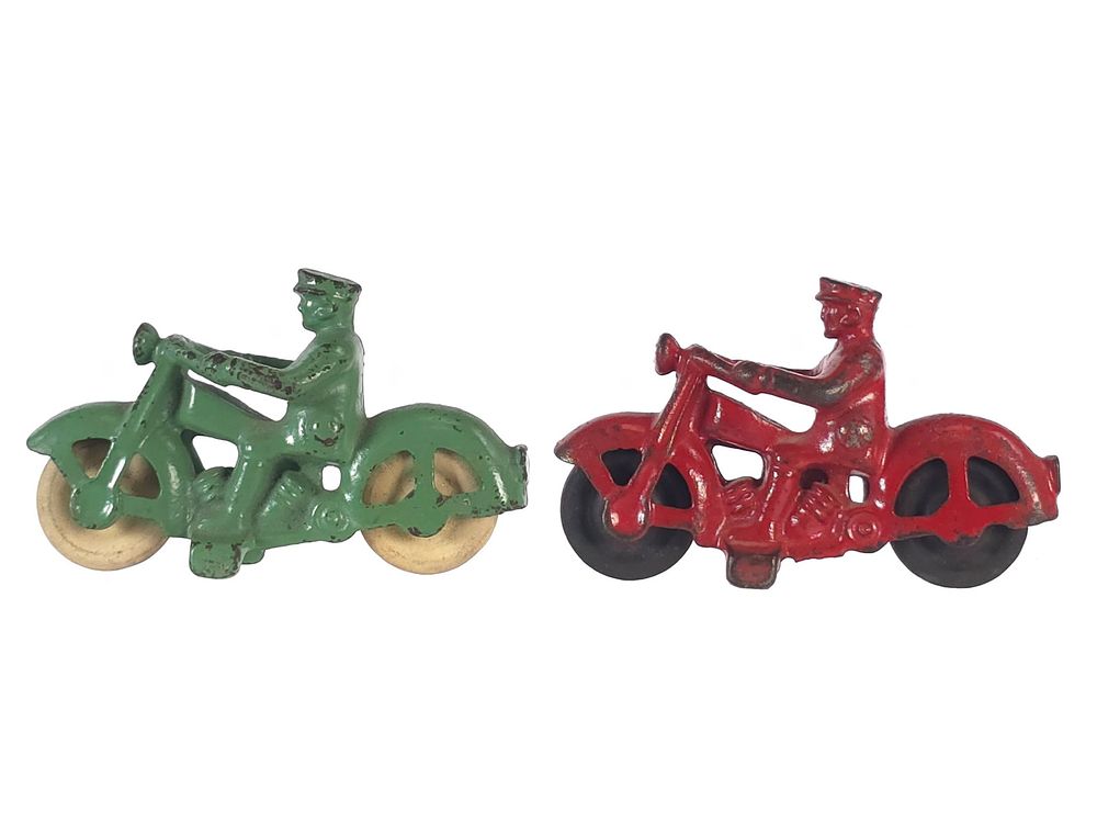 Lot 402: (2) Hubley Small Red & Green Motorcycles