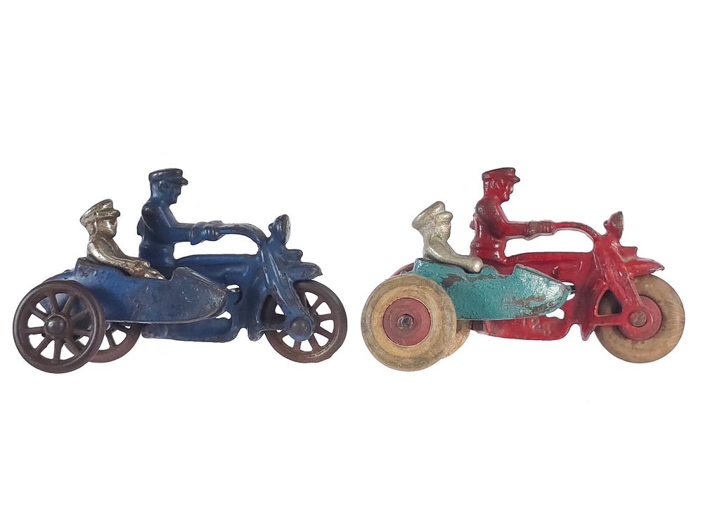 Lot 405: (2) Hubley Cast Iron Cop with Sidecar Red & Blue