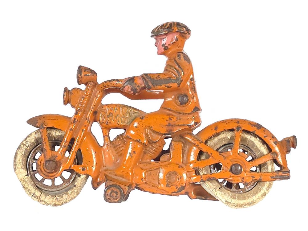 Lot 407: Hubley Civilian Motorcycle Orange Cast Iron