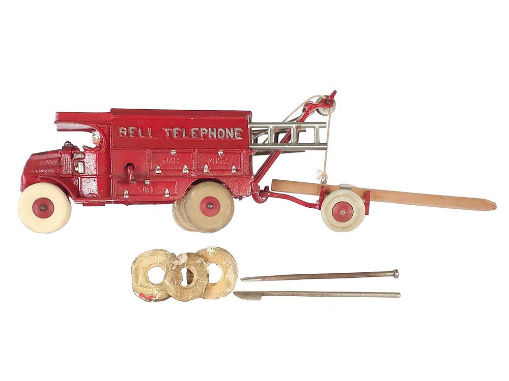 Lot 453: Hubley Red Bell Telephone Truck & Accessories