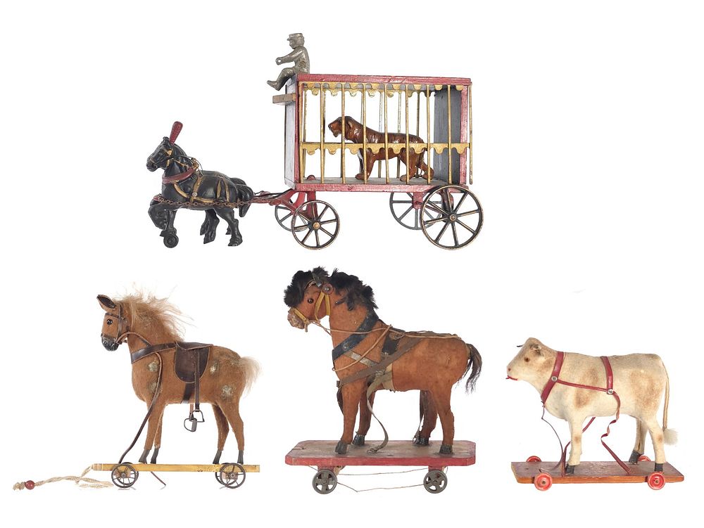 Lot 460: (4) Platform Animals & Arcade Horse-Drawn Circus Cage Cart