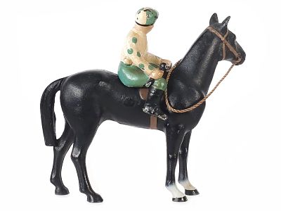 Hubley Black Race Horse with Green & White Jockey. A black Hubley Race Horse is paired with a 