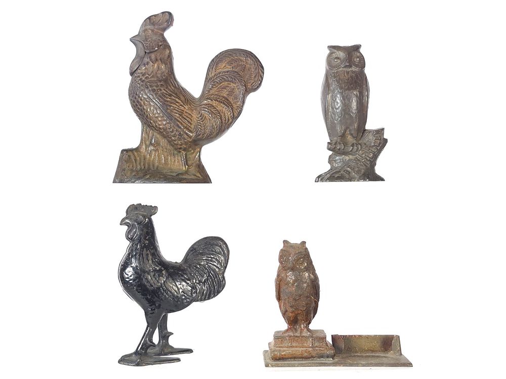 Lot 499: (4) A.C. Williams and Kyser & Rex Cast Iron Roosters & Owl Banks