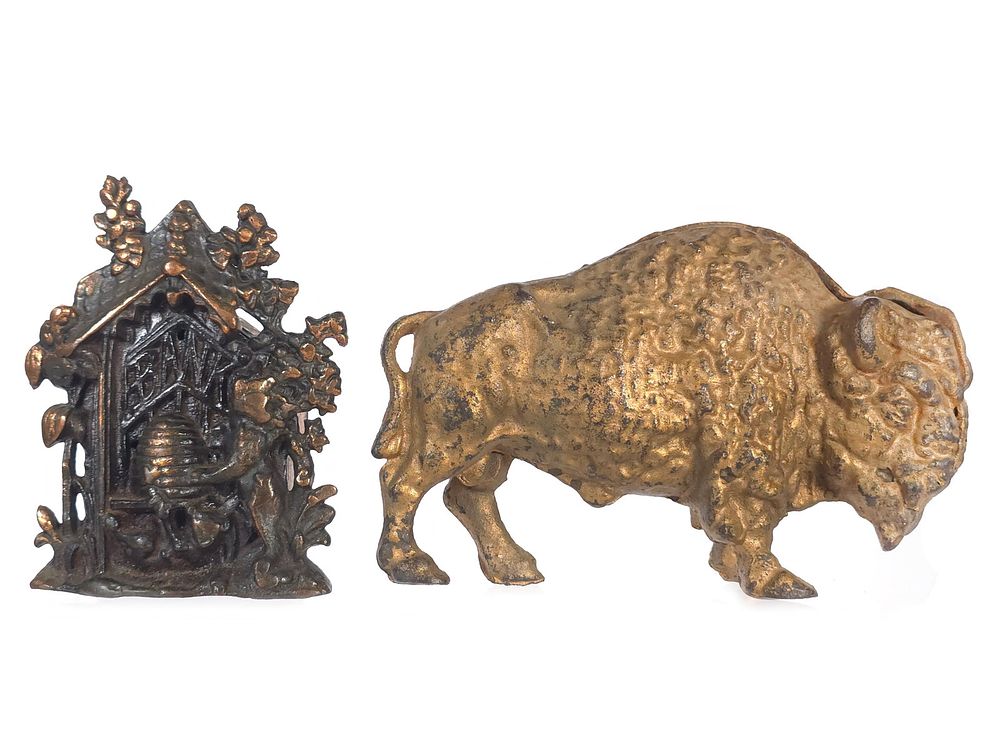 Lot 539: (2) A.C. Williams & Kyser & Rex Cast Iron Buffalo & Bear Still Banks
