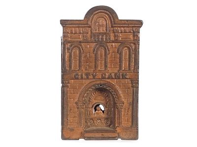 H.L. Judd Co. Cast Iron City Bank w/Paying Teller Still Bank. Dating to circa 1880s, this H.L. 