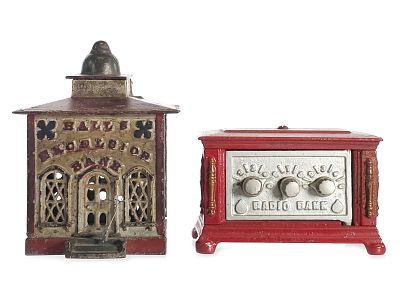 (2) J. & E. Stevens/Kenton Halls Excelsior & Radio Banks. Two cast iron banks are offered 