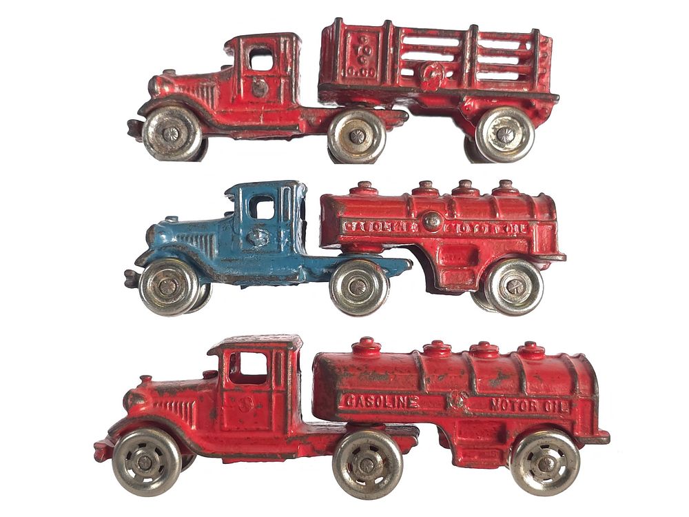 Lot 592: (3) A.C. Williams Cast Iron Stake Truck & Gas Tankers