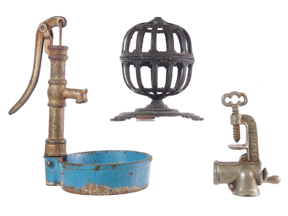 Lot 618: (3) Cast Iron Water Pump, Salesman Sample Meat Grinder & Yarn Holder