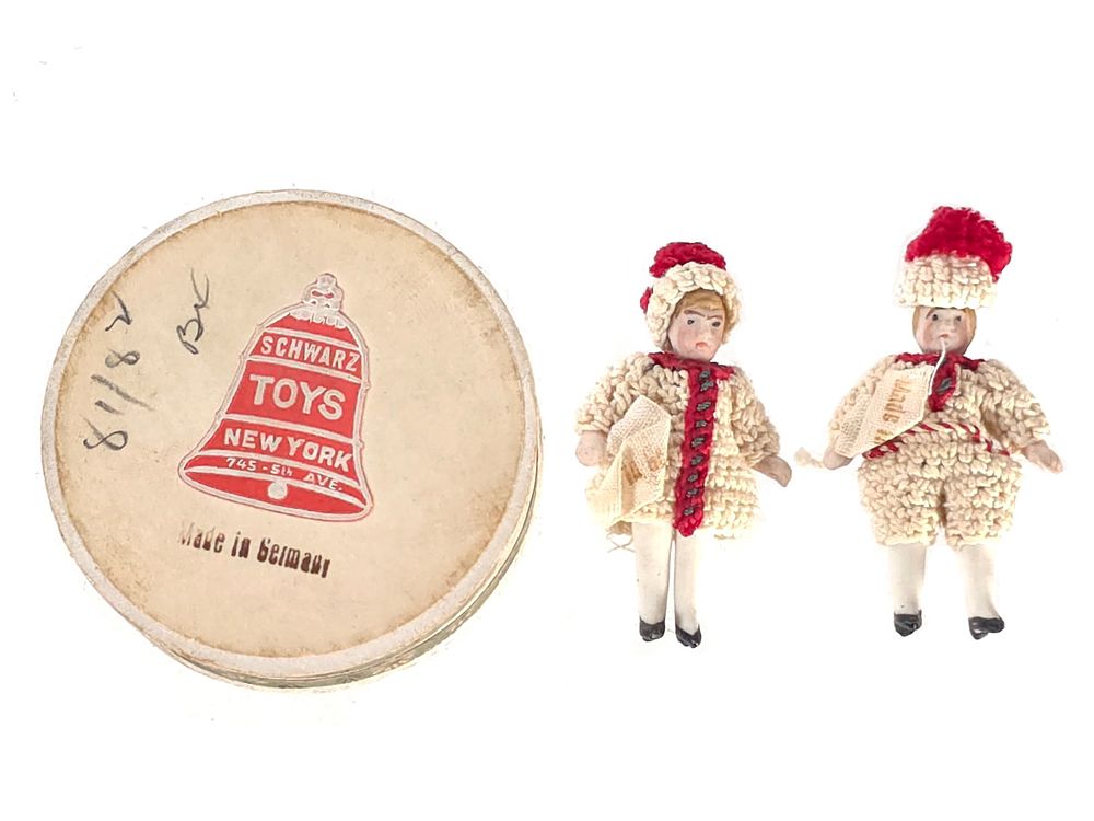 Lot 642: 1.5" Tiny Bisque Dolls with Kitted Outfits MIB FAO Schwarz