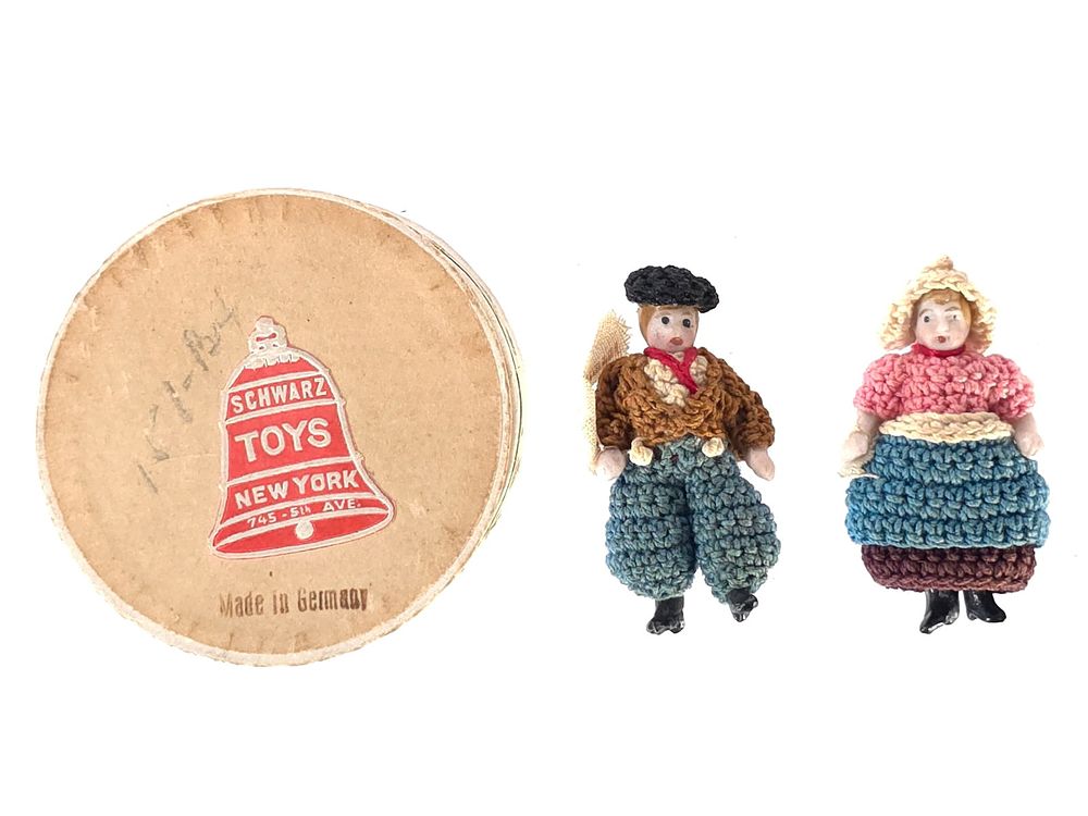 Lot 643: 1.5" Tiny Bisque Dolls with Kitted Outfits MIB FAO Schwarz
