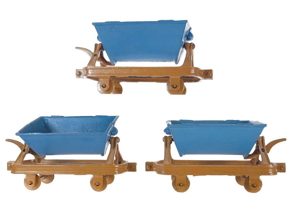 Lot 653: (3) Desirable Dent Extra Large Tipper Cars in Tan Cast Iron