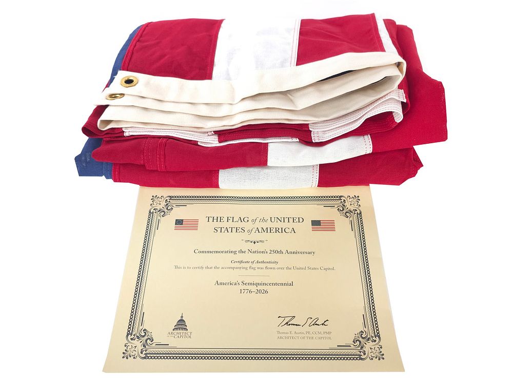 Lot 373B: Capitol Flown 5x8 Cotton US Flag 250th Anniv with COA