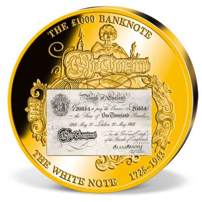 1000 Pounds. White Note 
Country: England 
Year: 2010 
Metal: 24ct gold plated bronze 