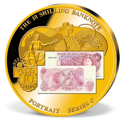 10 Shilling. Country: England 
Year: 2010 
Metal: 24ct gold plated bronze 
Weight: 54 grams 