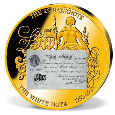 5 Pounds. Country: England 
Year: 2010 
Metal: 24ct gold plated bronze 
Weight: 54 grams 