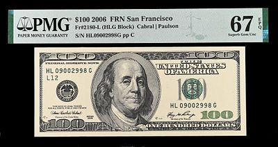 100 דלור. מדינה : ארצות הברית 
ישות מנפיקה משרד האוצר של ארצות הברית 
סוג שטרות במחזור רגיל 