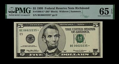 5 דולר. מדינה : ארצות הברית 
סוג : שטרות במחזור רגיל 
שנה 1999 
ערך 5 דולר 
