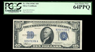 10 דולר. מדינה : ארצות הברית 
סוג : שטרות במחזור רגיל 
שנה : 1934 סימון C 
תעודת כסף 