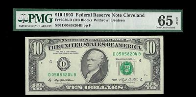 10 דולר. מדינה ארצות הברית קליבלנד שטר כסף רגיל שנים 1993 ערך 10 דולר דולר מטבע צורה מלבנית מדורג 65