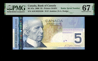 325230 חמש דולר רדאר. קנדה 
5 דולר 
2006 
שטר רדאר 
מדורג 67