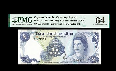 1 דולר. מדינה : איי קיימן שטר כסף רגיל שנה 1974 ערך : 1 דולר גודל 156 × 66 מ"מ צורה מלבנית מדורג 64