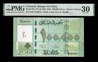 100000 לירות לבנוניות. אישור PMG 
1964088-015 
שנה : 2012 
ערך : 100000 לירות לבנוניות 
