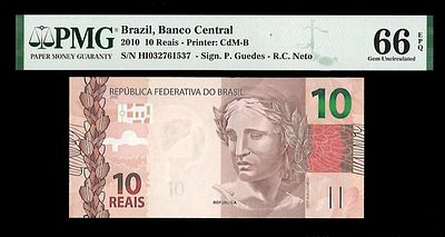 10 ריאל. מדינה ברזיל שטר כסף רגיל שנה 2010 ערך 10 ריאל מטבע ריאל נייר קומפוזיציה גודל 135 × 65 