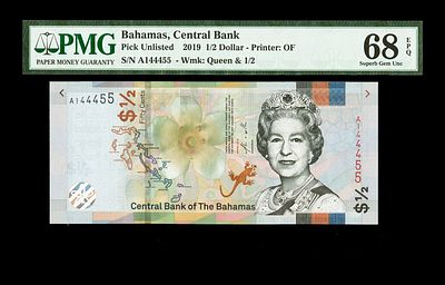 חצי דולר. מדינה : איי בהאמה שטר כסף רגיל שנה 2019 ערך : 2\1 דולר גודל 156 × 67 מ"מ צורה מלבנית 